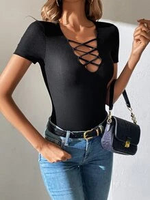 SHEIN Tall Criss Cross Front Ribbed Knit Tee