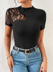 SHEIN Privé Contrast Lace Mock Neck Tee
