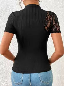 SHEIN Privé Contrast Lace Mock Neck Tee