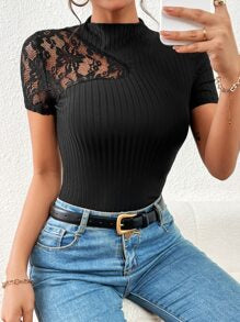 SHEIN Privé Contrast Lace Mock Neck Tee