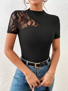 SHEIN Privé Contrast Lace Mock Neck Tee