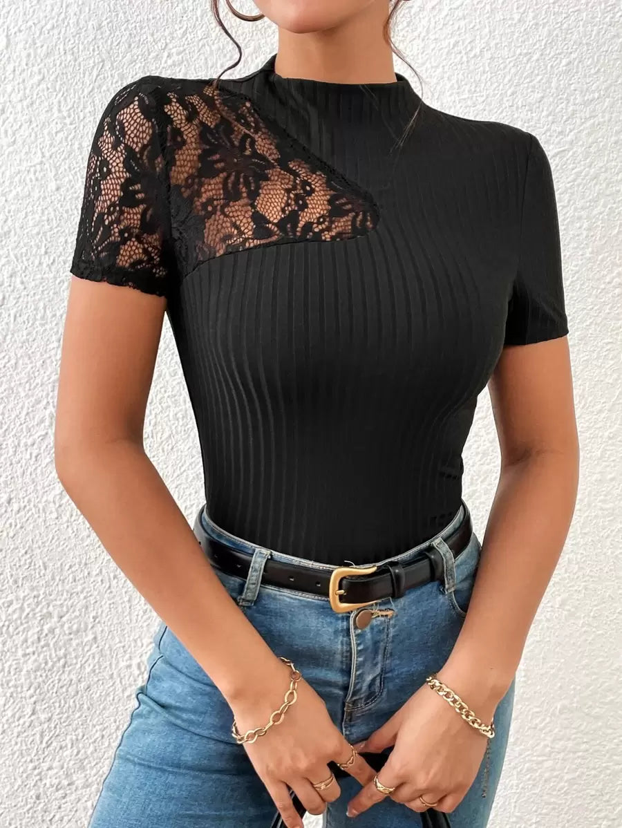 SHEIN Privé Contrast Lace Mock Neck Tee