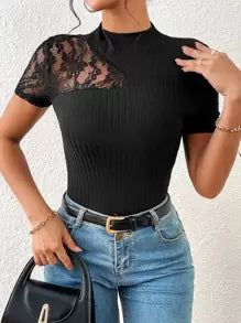 SHEIN Privé Contrast Lace Mock Neck Tee
