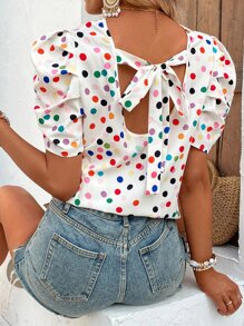 Breezaya Polka Dot Print Tie Back Puff Sleeve Blouse,Short Sleeve Tops