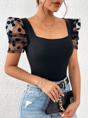 SHEIN Privé Contrast Dobby Mesh Puff Sleeve Square Neck Tee