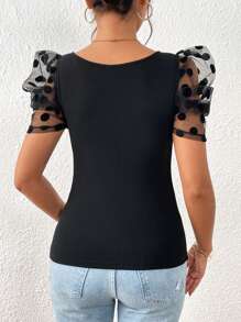 SHEIN Privé Contrast Dobby Mesh Puff Sleeve Square Neck Tee