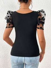 SHEIN Privé Contrast Dobby Mesh Puff Sleeve Square Neck Tee