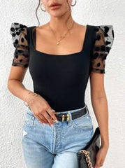 SHEIN Privé Contrast Dobby Mesh Puff Sleeve Square Neck Tee