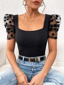 SHEIN Privé Contrast Dobby Mesh Puff Sleeve Square Neck Tee