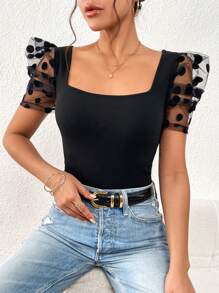 SHEIN Privé Contrast Dobby Mesh Puff Sleeve Square Neck Tee
