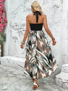 Breezaya Graphic Print Halter Neck Backless Dress Maxi Vacation Beach Outfits Women