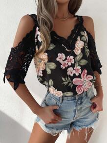 Breezaya Cold Shoulder Guipure Lace Blouse