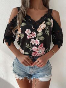Breezaya Cold Shoulder Guipure Lace Blouse