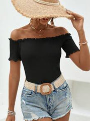 SHEIN VCAY Off Shoulder Lettuce Trim Tee