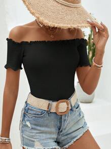 SHEIN VCAY Off Shoulder Lettuce Trim Tee