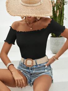 SHEIN VCAY Off Shoulder Lettuce Trim Tee