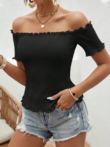 SHEIN VCAY Off Shoulder Lettuce Trim Tee