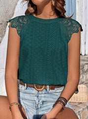 SHEIN Frenchy Contrast Lace Tie Back Grain Fabric Blouse Summer Green Casual Christmas