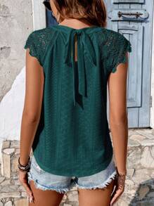 SHEIN Frenchy Contrast Lace Tie Back Grain Fabric Blouse Summer Green Casual Christmas