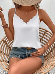 SHEIN Frenchy 3pcs Women Casual Loose Fit Tank Tops,White And Black Summmer Elegant Date Top Clothing,Fashionable Y2K Shiny V-Neck Scallop Trim Camis For Vacation