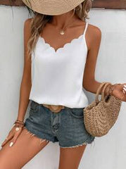 SHEIN Frenchy 3pcs Women Casual Loose Fit Tank Tops,White And Black Summmer Elegant Date Top Clothing,Fashionable Y2K Shiny V-Neck Scallop Trim Camis For Vacation