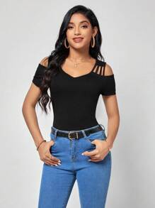 SHEIN Clasi Women's Black Cold Shoulder Tee