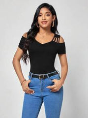SHEIN Clasi Women's Black Cold Shoulder Tee