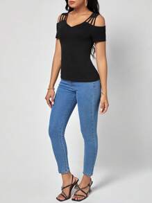 SHEIN Clasi Women's Black Cold Shoulder Tee