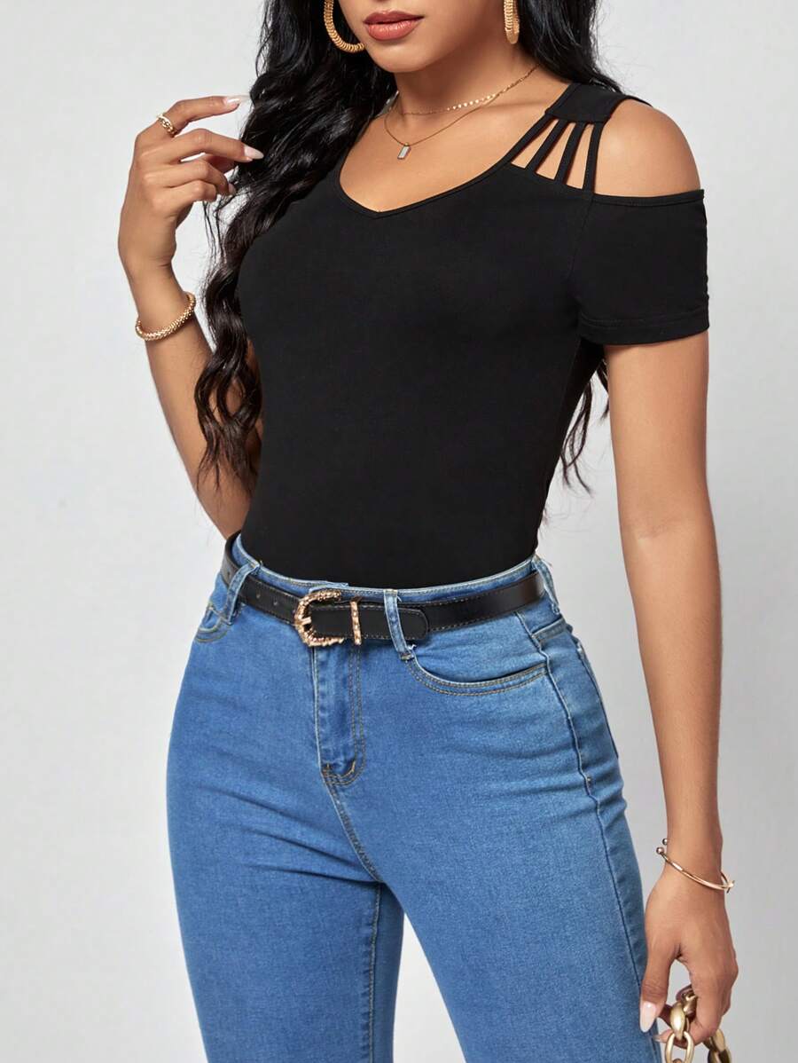 SHEIN Clasi Women's Black Cold Shoulder Tee