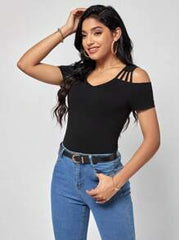 SHEIN Clasi Women's Black Cold Shoulder Tee