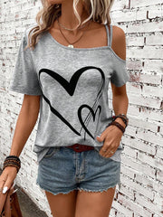SHEIN LUNE Summer Grey Open Shoulder Heart Printed Music Festival Women's T-Shirts