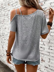 SHEIN LUNE Summer Grey Open Shoulder Heart Printed Music Festival Women's T-Shirts