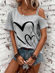 SHEIN LUNE Summer Grey Open Shoulder Heart Printed Music Festival Women's T-Shirts