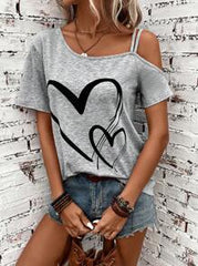 SHEIN LUNE Summer Grey Open Shoulder Heart Printed Music Festival Women's T-Shirts