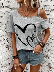 SHEIN LUNE Summer Grey Open Shoulder Heart Printed Music Festival Women's T-Shirts