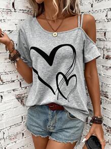 SHEIN LUNE Summer Grey Open Shoulder Heart Printed Music Festival Women's T-Shirts