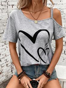 SHEIN LUNE Summer Grey Open Shoulder Heart Printed Music Festival Women's T-Shirts