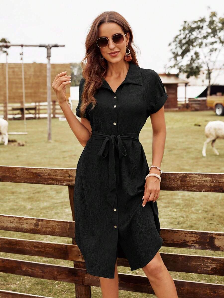 SHEIN LUNE Solid Button Front Belted Shirt Dress,Business Casual Woman