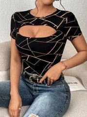 SHEIN Privé Geo Print Cut Out Front Summer Tee