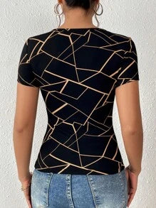 SHEIN Privé Geo Print Cut Out Front Summer Tee