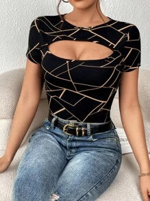 SHEIN Privé Geo Print Cut Out Front Summer Tee