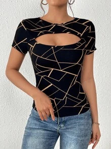 SHEIN Privé Geo Print Cut Out Front Summer Tee