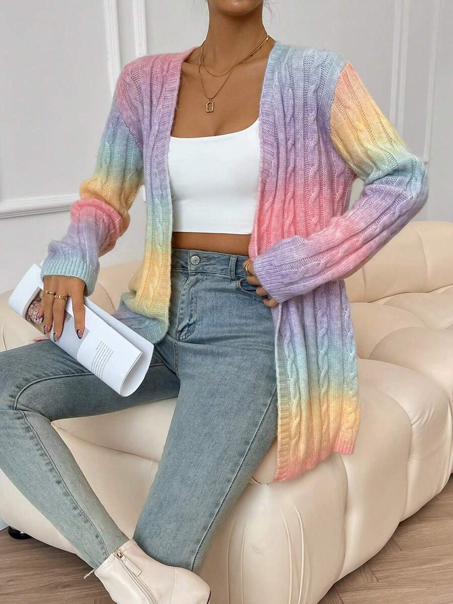 Ombre duster kardigan sa pletenim uzorom, dugi rukavi