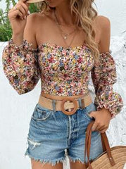Breezaya Off Shoulder Ditsy Floral Ruffle Lantern Sleeve Cropped Blouse Fall Cloth For Women
