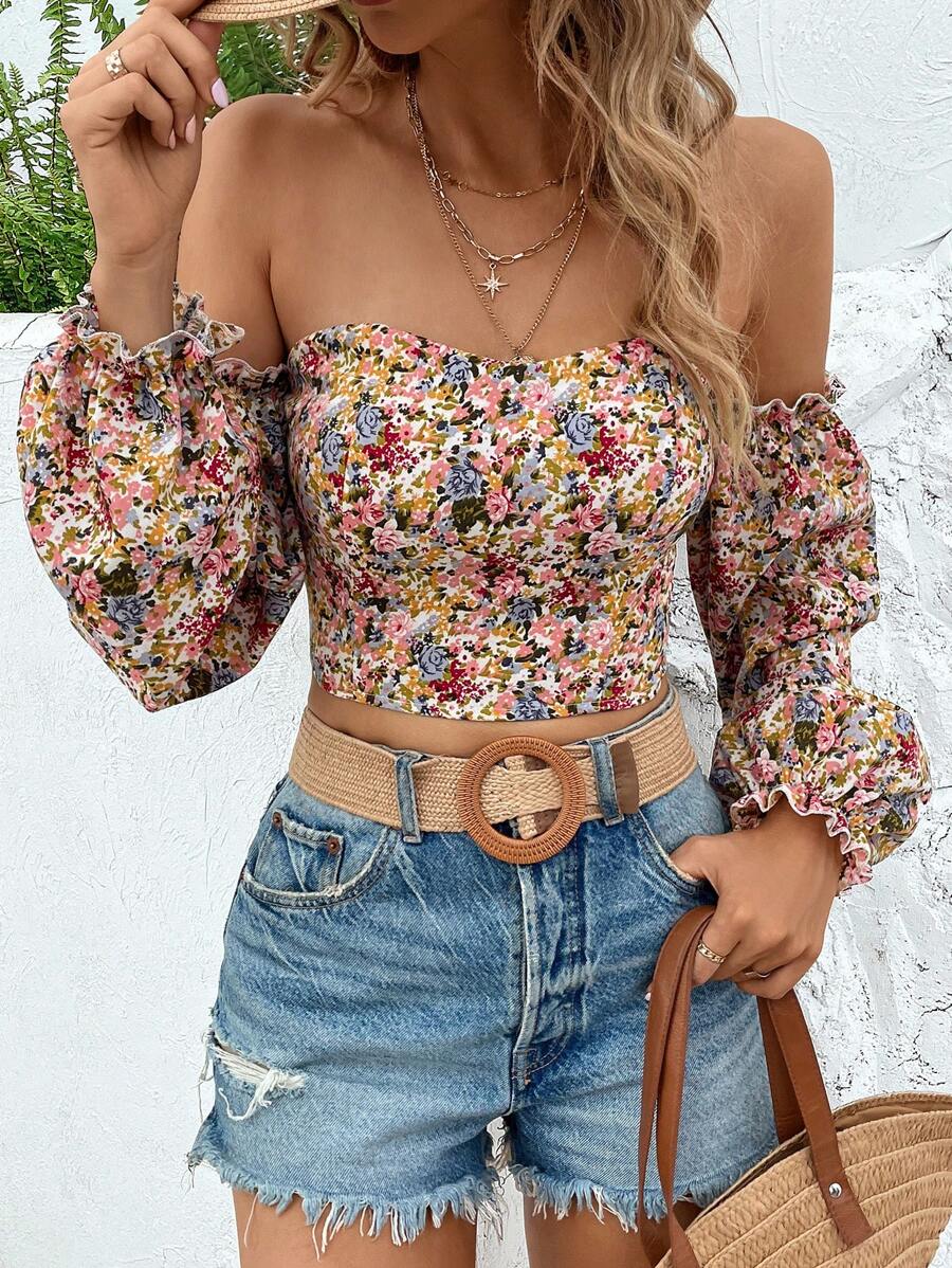 Breezaya Off Shoulder Ditsy Floral Ruffle Lantern Sleeve Cropped Blouse Fall Cloth For Women