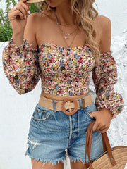 Breezaya Off Shoulder Ditsy Floral Ruffle Lantern Sleeve Cropped Blouse Fall Cloth For Women