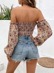 Breezaya Off Shoulder Ditsy Floral Ruffle Lantern Sleeve Cropped Blouse Fall Cloth For Women