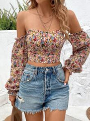 Breezaya Off Shoulder Ditsy Floral Ruffle Lantern Sleeve Cropped Blouse Fall Cloth For Women