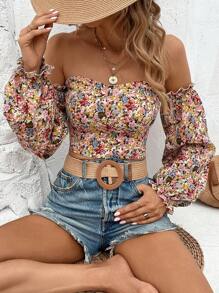 Breezaya Off Shoulder Ditsy Floral Ruffle Lantern Sleeve Cropped Blouse Fall Cloth For Women