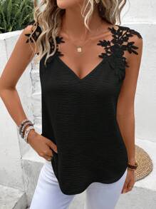 SHEIN Frenchy Guipure Lace Black Grain Panel Tank Top Summer Casual